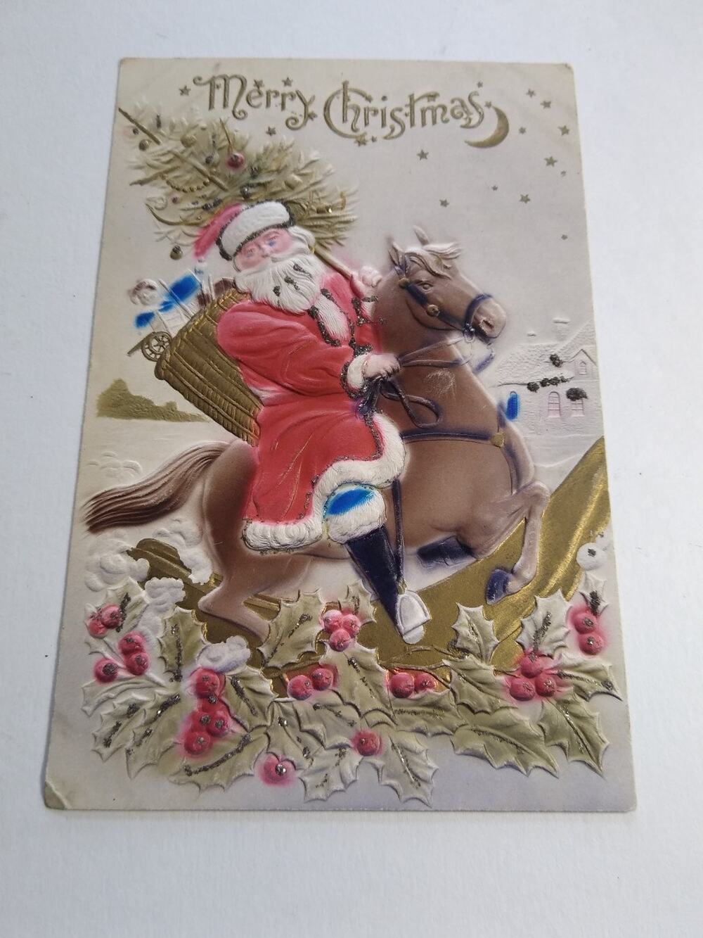 Embossed Glitter Santa Claus Horseback Ride Christmas Postcard T.C. Co. 1910s